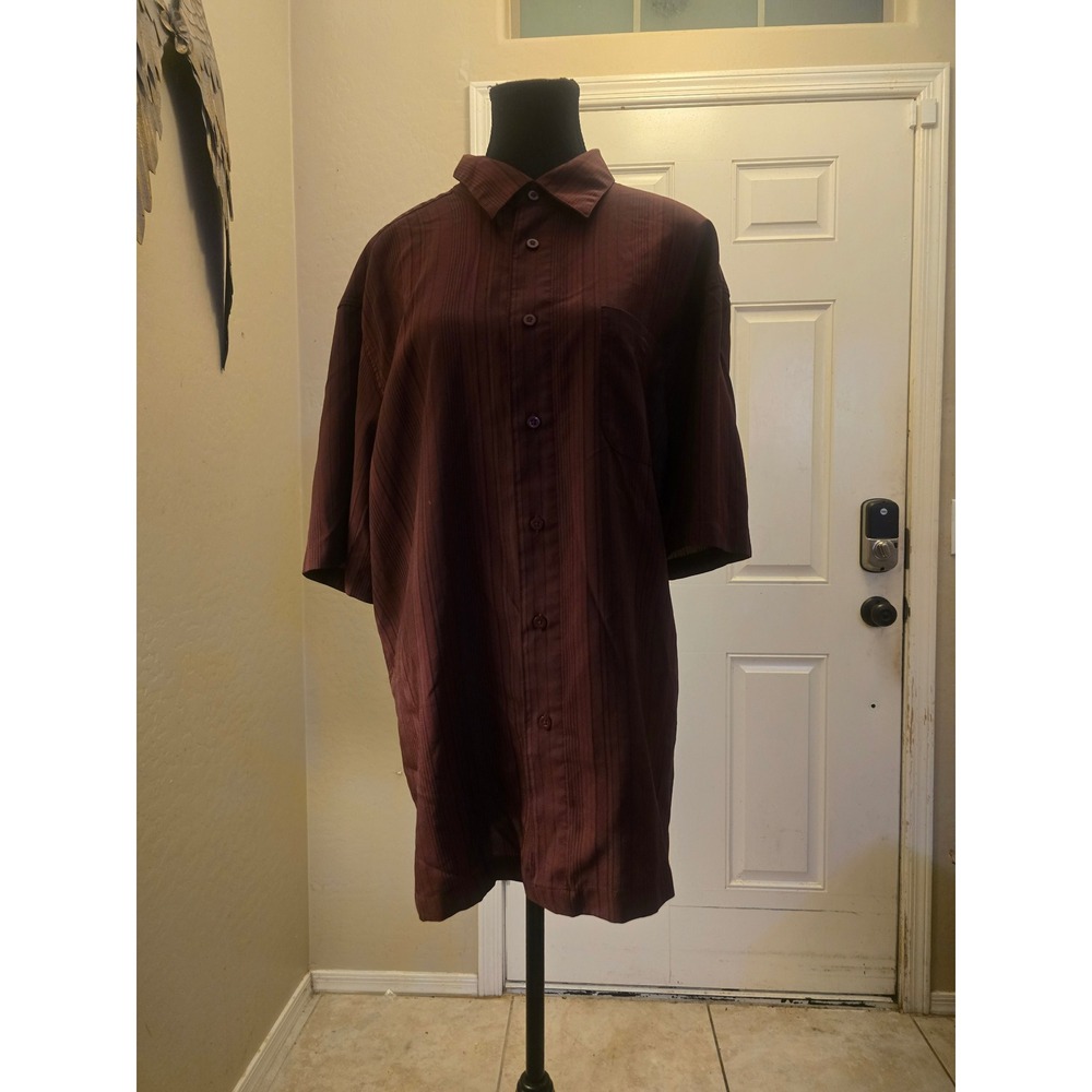 George Mens XL Burgundy Maroon Striped Short Sleeve Button Down Shirt Oversized